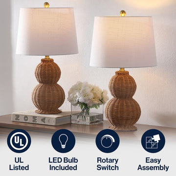 Millie 23" Modern Coastal Woven Rattan Gourd LED Table Lamp, Set of 2